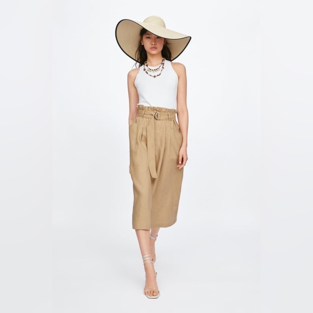 NWT Zara Linen Elastic Waistband Paperbag Skirt Beige / Size L